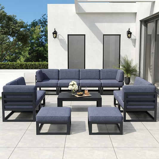 11 Pieces Aluminum Patio Furniture Set with Coffee Table, Metal Outdoor Conversation Sofa Set with Seating Cushions