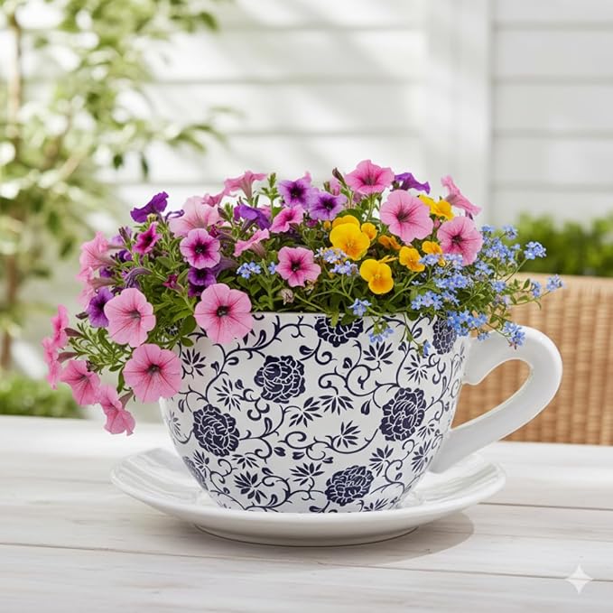7.5" Ceramic Teacup Planter Pot with Saucer | Ideal for Succulents, Orchids, Herbs & Flowers | Indoor Use| Thoughtful Gift for Birthday, Gift Basket, Sympathy & More – White Blue Floral Teacup Planter