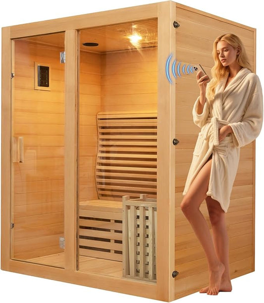 ZONEMEL Wooden Steam Sauna Room, 2 Person Canadian Hemlock Luxurious Indoor Sauna with 3.5 KW Harvia Stove Heater, WiFi Control, Sauna Stone, Wooden Bucket, Scoop, Reading Light, 7-Color Light, 220V