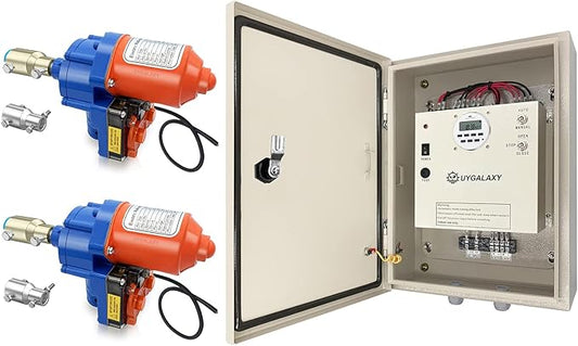UYGALAXY Greenhouse Roll Up Motors with Limit Switch (2 Packs) + Automated Timer Controller Transformer Electric Box (AC110V to DC24V) for Top Greenhouses Ventilation, Automatic Venting Kit