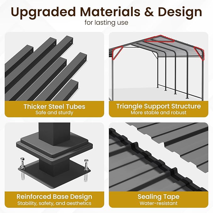 12' x 20' Carport, Heavy Duty Carport with Updated Roof & Enhanced Base, All Weather Steel Car Port, Multi-Use Car Port Garage, Metal Carports for Car, Truck, Boat, Tractors, Party, Grey