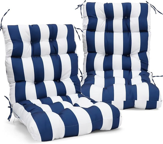EAGLE PEAK Tufted Outdoor/Indoor High Back Patio Chair Cushions, Set of 2, 46'' x 22'', Navy Blue/White