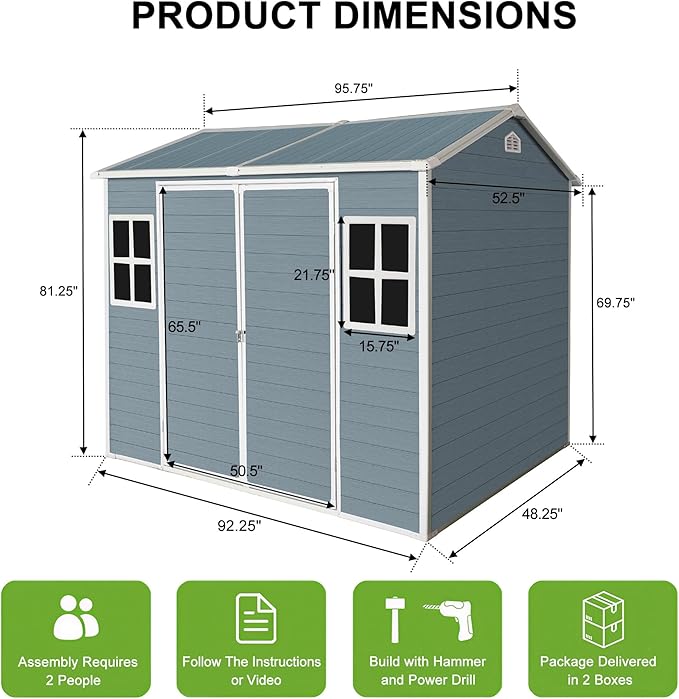 Resin Storage Shed 8x4 ft Outdoor Shed with Floor, Plastic Sheds with Two Windows and Lockable Double Door, Waterproof Garden Shed with Vents, Tool Sheds for Backyard, Patio, Lawn, Grey