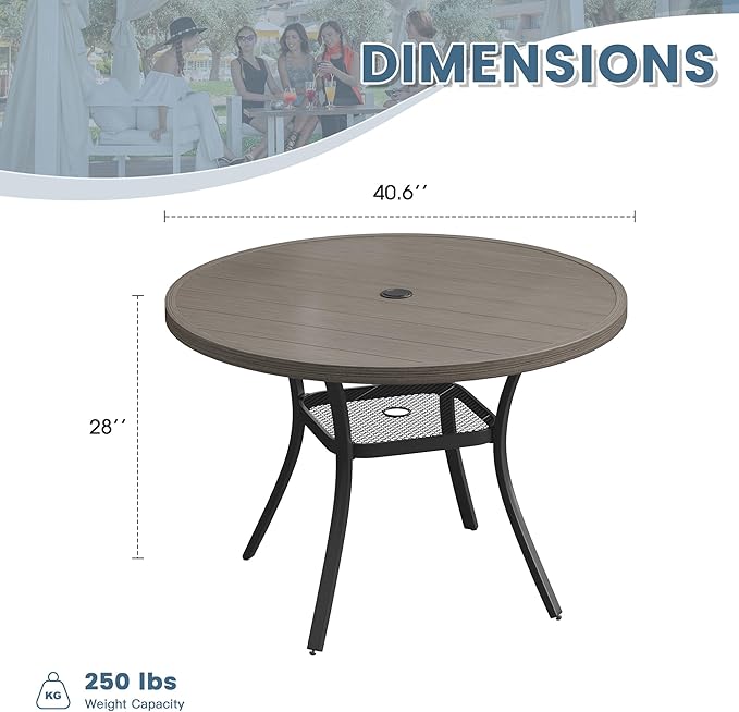 DIFY Outdoor Dining Table for 4, Round Patio Table with Umbrella Hole for Garden, Backyard and Porch (Grey)