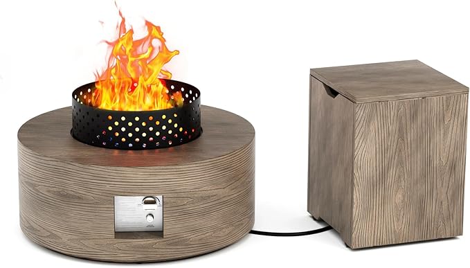Dineli 2-Piece Outdoor Propane Fire Pit Table Set w Tank Table 30'' Round Fire Pit Table 2-in-1 Firepit Table for Outside Patio Gas Fire Pit Fireplace, 50,000 BTU, Brown with Wood Grain