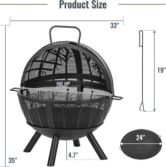 35 Inch Wood Burning Fire Pit with BBQ Grill, Heavy Duty Fire Pits Ball for Outside with Spark Screen & Removable Ash Pan, Outdoor firepit & Fireplace for Bonfire in Garden, Yard