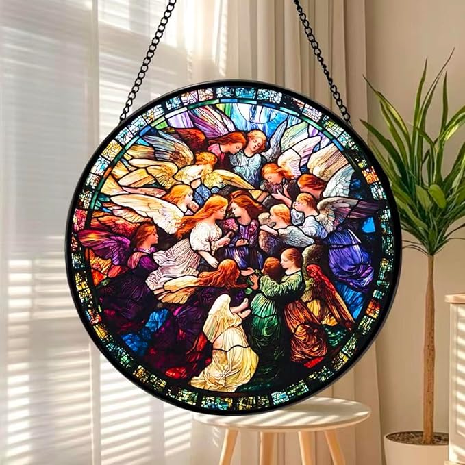 Argodaze Stained Glass Window Hanging - Angel Girl Embraces The World Suncatcher fof Garden Home Decor for Women Mon Grandma Friends