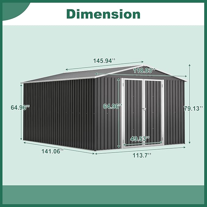 Favfurish Outdoor Storage Shed 10×12 FT,Metal Waterproof Tool Sheds with Lock and Key,Heavy-Duty Sheds Unit W/Doors and Vents,Galvanized Steel Garden House for Storing Bicycles,Barbeques,Black