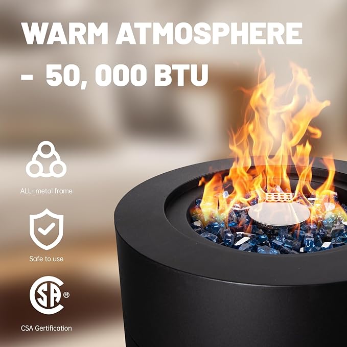 Propane Fire Pit Outside, 17 inch Gas Fire Pit Round, 50,000 BTU Fire Column for Outside Patio, Garden, Backyard, Black