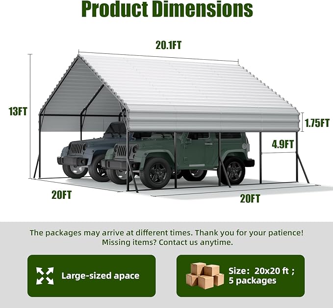 20x20 FT Metal Carport Heavy Duty Steel Roof with Reinforced Frame All-Weather Multi-Use Outdoor Car Shelter Canopy for Fulll-Sized Pickup Trucks, Boat and Tractors