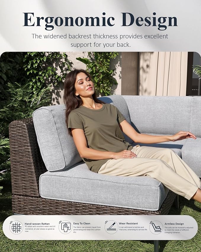LayinSun 8-Piece Outdoor Modular Wicker Sectional Sofa with Fire Pit Table, Patio Furniture Conversation Set with Deep Seating and Thick Cushions