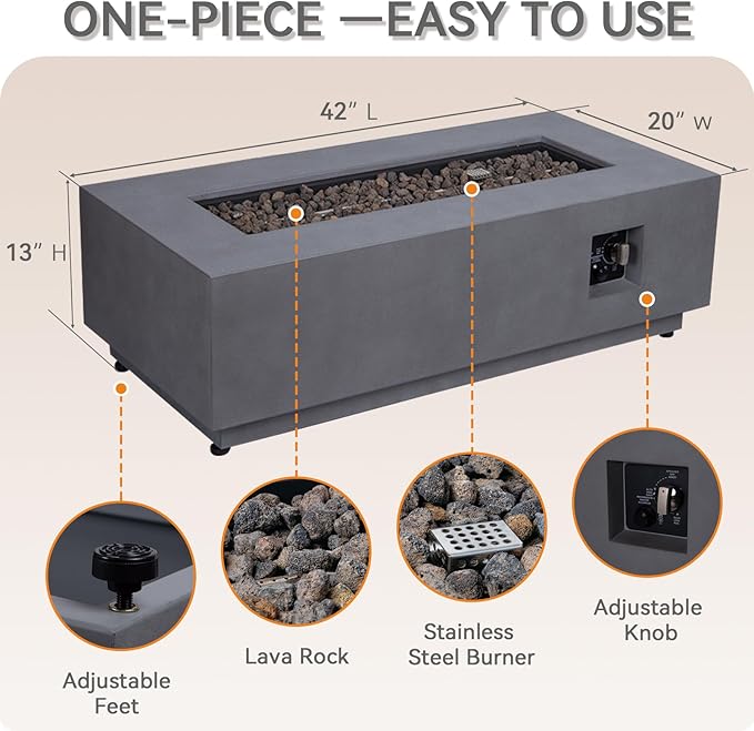 3-in-1 Propane Fire Pit Table, 42 Inch Rectangular Outdoor Fire Pit, 50,000BTU Firepit Table for Outside Patio with Griddle, Wind Guard, Lid, CSA Certified, Grey
