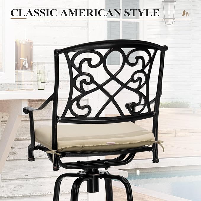 Crestlive Products Outdoor Bar Stools with Sunbrella Cushion Set of 2, 360° Swivel Patio Bar Height Chairs, All Weather Heavy Duty Commercial Grade Furniture, Antique Brown Finish for Outside (Tan)