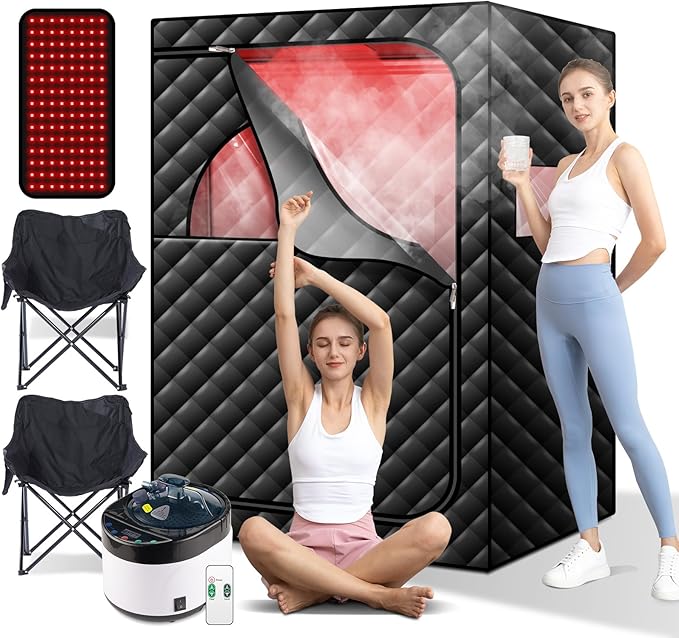 Portable Infrared Steam Sauna with 660nm Red Light Therapy, 2 Person Infrared Saunas Tent with 4L Steamer, 2 Large Folding Chair, Full Size Indoor Home Spa for Relaxatiom & Detox