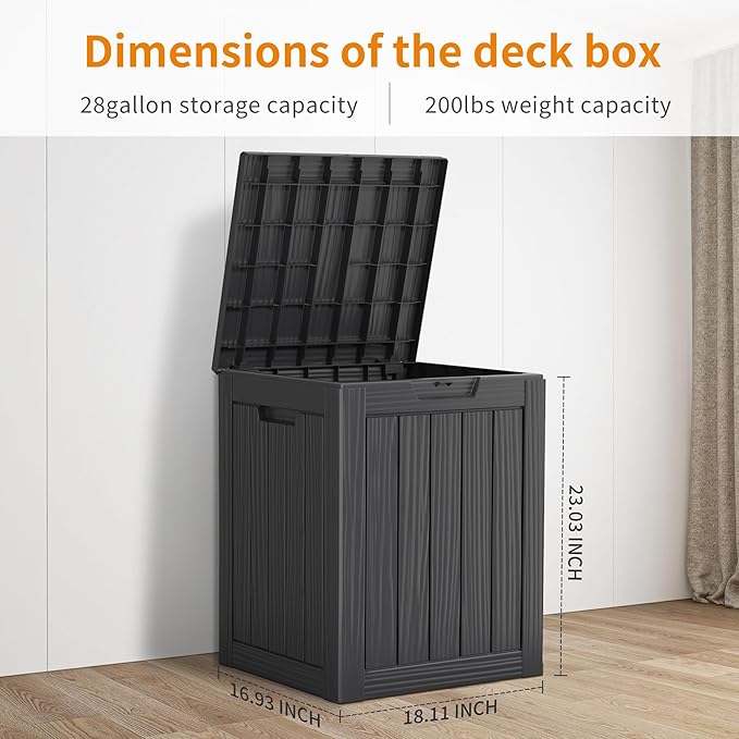 29 Gallon Deck Box Large Outdoor Storage for Patio Furniture,Outdoor Cushions,Garden Tools and Pool Supplies,Waterproof,Resin,Lockable(Black)
