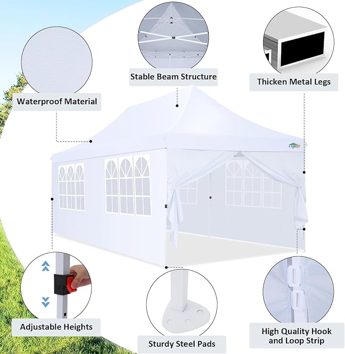 COBIZI 10x20 Pop Up Canopy with 6 Sidewalls, Conical Party Tent 10x20 with 3 Adjustable Height Waterproof, UV-Resistant with Carry Bag, Sandbag, Stake, Tents for Parties, Commercial (Frame Upgraded)