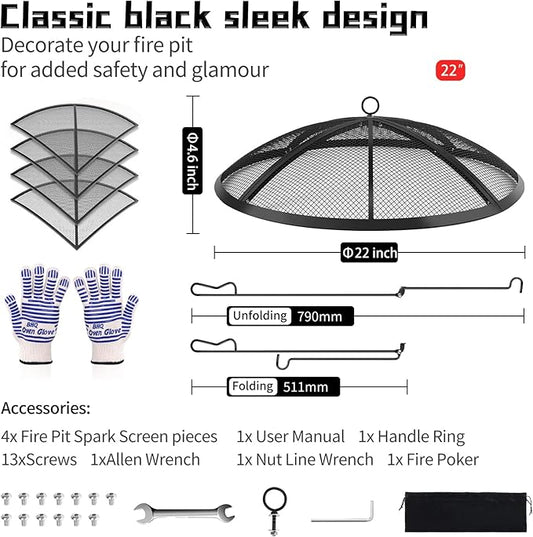 Fire Pit Spark Screen, Outdoor 22 Inch Round Fire Pit Screen with Foldable Hook and Fire Safety Gloves, Heavy Duty Steel Mesh Fire Pit Cover, Fire Pit Lid for Backyard, Beach, RV Camping