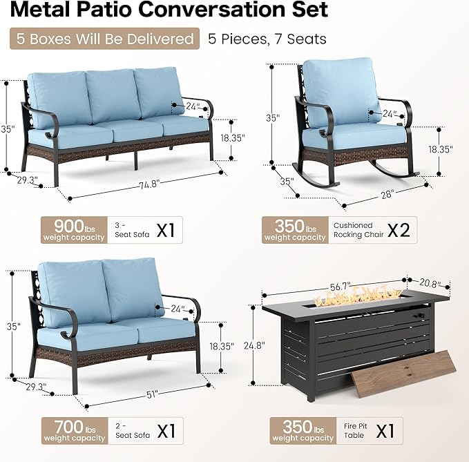 5 Piece Black Metal Outdoor Patio Furniture Set with Firepit Table, Patio Conversation Set 1 3-Seater Sofa, 2-Seater Sofa, 2 Rocking Chairs with 5.75" Cushion for Backyard Deck, Blue
