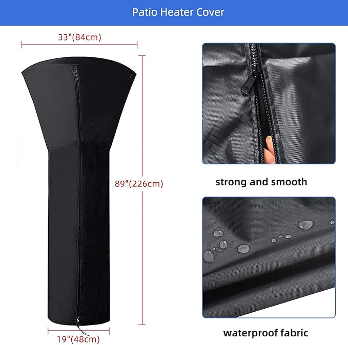 420D Patio Heater Cover, Waterproof with Zipper, Outdoor Propane Heater Cover for 24 Months of Use - Size 89" Hx33 Dx19 B Round - Black (2Pack)