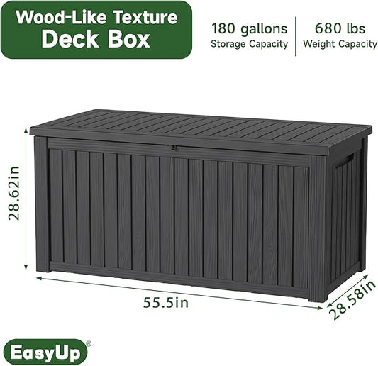 EasyUp 180 Gallon Outdoor Storage Box Waterproof, UV Resistant Resin Deck Box with Hydraulic Rod, Reinforced Stability for Patio, Garden, and Pool, Striped Black