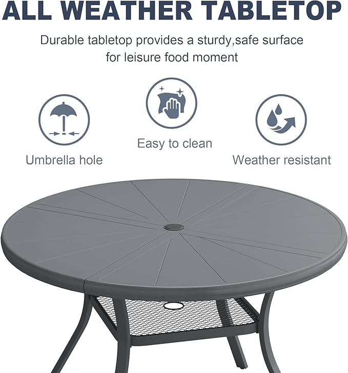VICLLAX Round Patio Dining Table, 4 Person Aluminum Outdoor Dining Table with Umbrella Hole and Storage Shelf for Garden Lawn Deck, 40.6" Dark Grey