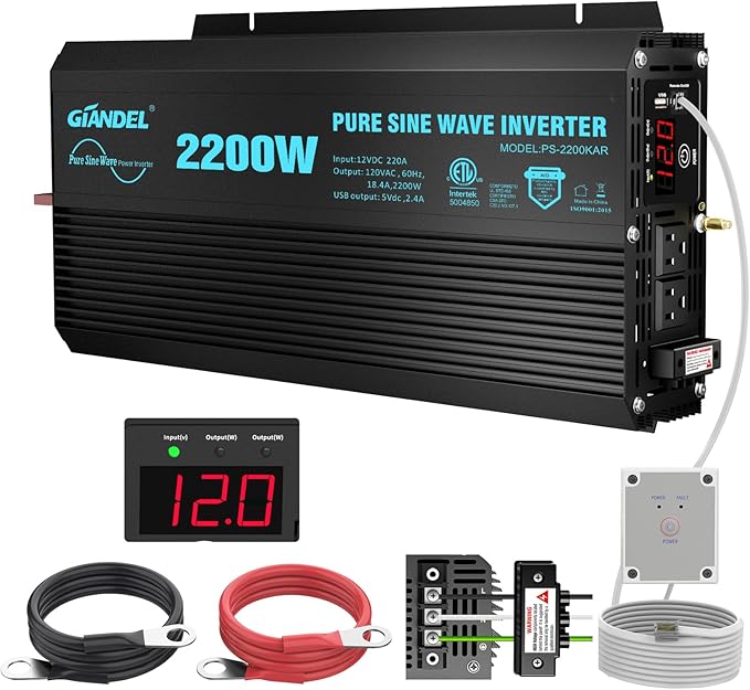 GIANDEL Pure Sine Wave Power Inverter 2200Watt ETL UL458 Listed DC 12V to 120 Vac with 20 Amps Hardwire Blocks & 15FT Wired Remote for RVs Truck Boat Off Grid Solar Emergency【3 YRS Warranty】