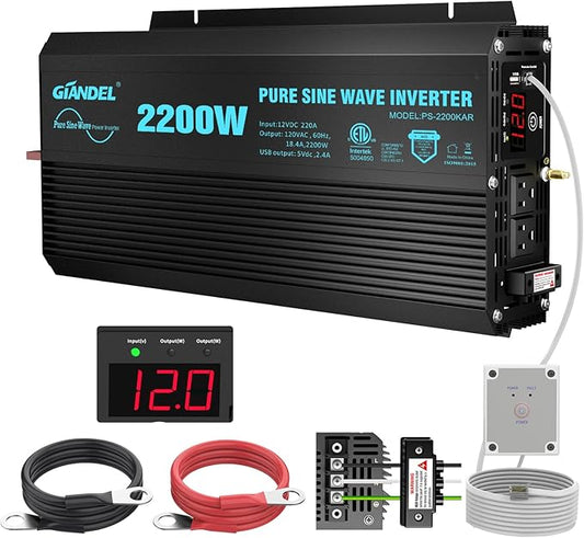 GIANDEL Pure Sine Wave Power Inverter 2200Watt ETL UL458 Listed DC 12V to 120 Vac with 20 Amps Hardwire Blocks & 15FT Wired Remote for RVs Truck Boat Off Grid Solar Emergency【3 YRS Warranty】