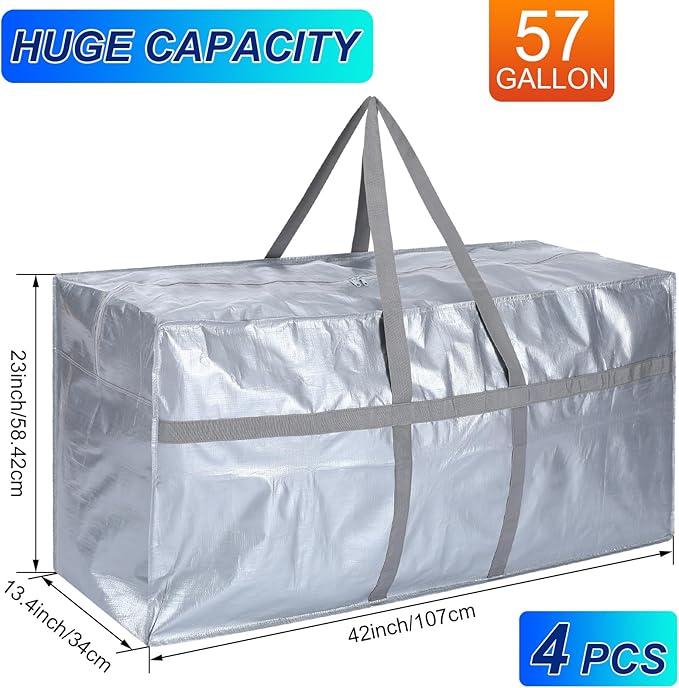 Windyun 4 Pack 57 Gallon Extra Large Storage Bags XXL Moving Bags with Zipper Handles Heavy Duty Jumbo Big Tote Box for Christmas Tree Storage 4, 5, 7.5, 9, 10, 12 ft Skeleton College Dorm(Silver)