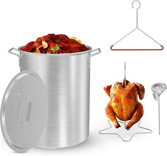 30 Qt Aluminium Stock Pot Kit – Turkey Fryer Pot With Lid, Lifting Hook, Stand & Thermometer – Large Deep Fryer For Frying, Seafood Boiling & Outdoor Cooking