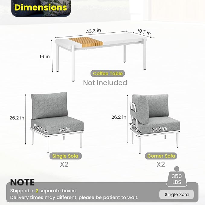 Sundale Outdoor 4 Pieces Metal Patio Furniture Set, Outdoor Sectional Sofa w/6 Inch Olefin Cushion, Modern Outdoor Conversation Sets