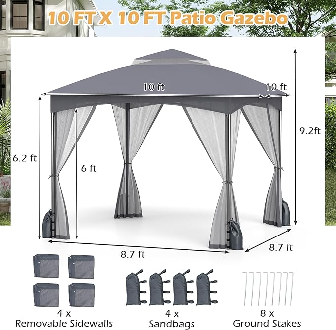 Tangkula 10x10 FT Outdoor Gazebo with Netting, Double Roof Patio Shelter with 4 Sandbags, Zippered Doors, Heavy-Duty Metal Frame, Metal Patio Gazebo for Yard Garden Lawn (Grey)