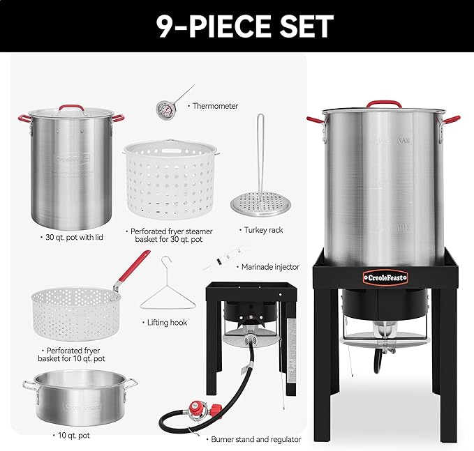 CreoleFeast TFS3010 Propane 30 Qt. Turkey and 10 Qt. Fish Fryer Boiler Steamer Set, 50,000 BTU Burner, Ideal for Outdoor Cooking