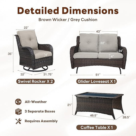 Belord 4 Piece Patio Furniture Set - Outdoor Glider Bench with Swivel Rocker Chairs and Coffee Table, High Back Small Outdoor Conversation Furniture Sets for Deck Sunroom Balcony Backyard