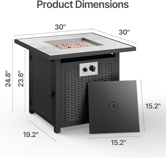 Gizoon 30" Propane Fire Pit Table 50,000 BTU, Outdoor Fire Pit Table with Lid & Lava Rock, CSA Certified Square Fire Tables for Outdoor Dining, Patio, Garden, or Backyard Gatherings