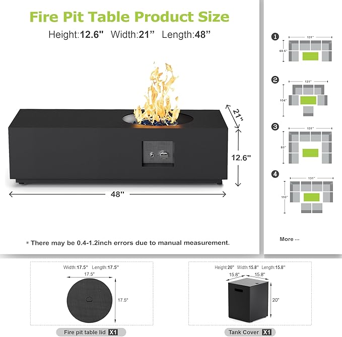 48" Rectangular Propane Firepit with Round Burner – 50,000 BTU Fire Pit Table with Lid, Rocks, Cover and Tank Storage – Outdoor Modern Fireplace for Deck or Patio (Black, 48" Standard)