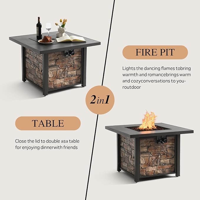 36'' Propane Gas Fire Pit Table, Sintered Stone Tabletop & Polyresin Stone Look Panel, 50000 BTU Gas Fire Pit for Outside Patio and Garden, with Metal Lid & Lava Rocks