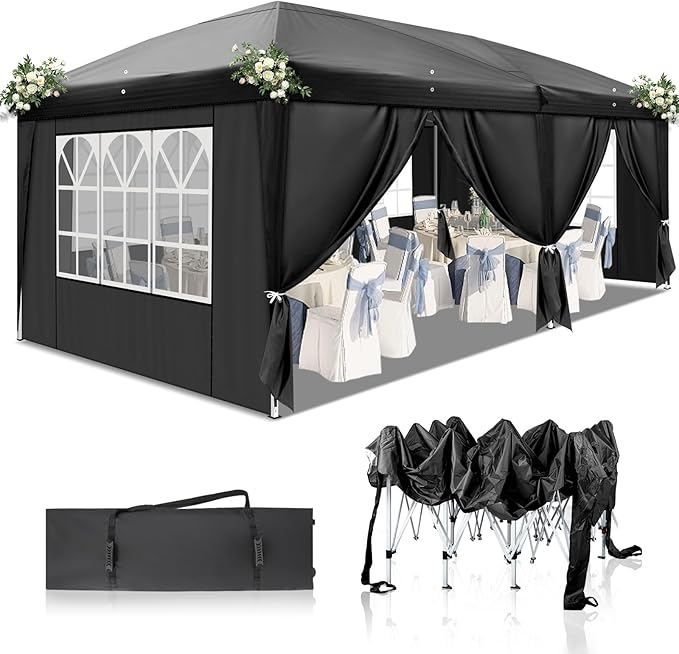 CFATLFRM 10x20 Black Pop Up Canopy Tent with 6 Removable Sidewalls, Carry Bag & 6 Sandbags & Stakes & Ropes Portable Commercial Outdoor Shelter Gazebo Tents for Parties Wedding Event Camping