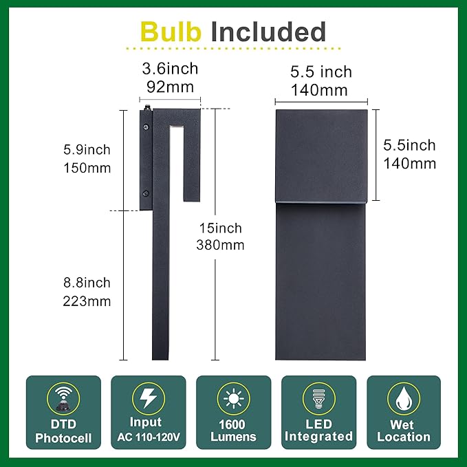 Dusk to Dawn Outdoor Lighting Fixture Wall Mount,Modern Integrated LED 2-Light 17W, Exterior Sensor Front Porch Light,Textured Black,Anti Rust Outside Wall Lights for House,Doorway,Garage