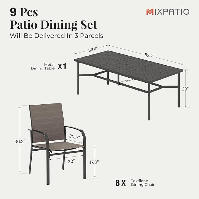 9 Pieces Patio Table and Chairs Set, Patio Dining Set for 8, 8 Brown Textilene Chairs and 1 83” Rectangular Patio Dining Table with Umbrella Hole, for Deck Backyard Lawn Poolside