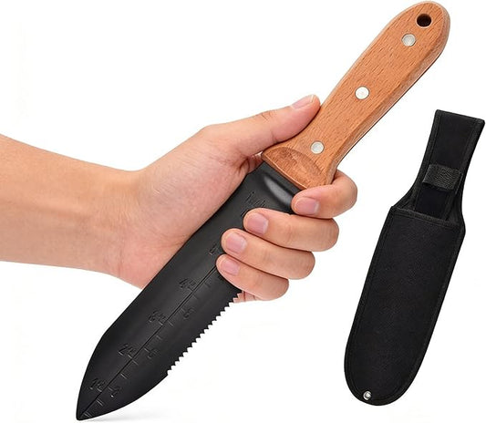 Hori Hori Garden Knife -Stainless Steel Blade with Oxford Sheath, Multi-Purpose Gardening Tool for Weeding, Digging, Planting, Cutting, Ergonomic Wooden Handle with Hanging Hole Gardening Hand Tools