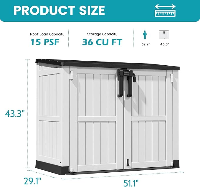 Horizontal Resin Storage Shed 36 Cu Ft with Lockable Doors, Portable Outdoor Storage Cabinet -Waterproof Outdoor Storage Box for Backyards, Easy to Assemble