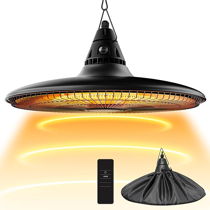 Ceiling Electric Outdoor Heater Wall-Mounted Hanging Patio 1500W Infrared 9 Heat Levels, 24H Timers, Carbon Fiber Tube Heating Wall Heater for Gazebo, Balcony (Black - Circular Heating)