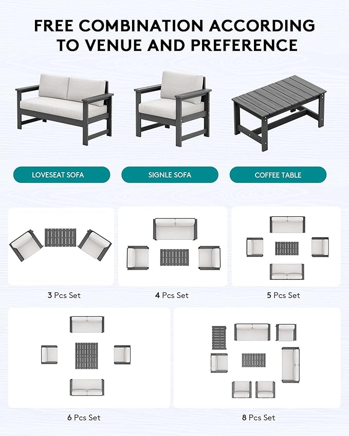 SERWALL 5 Pieces HDPE Outdoor Sofa Set with Cushions, All Weather Use Patio Conversation Couch Loveseat Furniture with Coffee Table for Balcony, Deck, Poolside, Grey Frame with Khaki Cushions