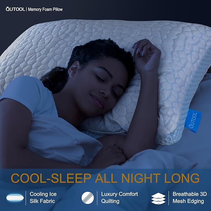 QUTOOL Enhanced Cooling Gel Pillow Standard Size 1 Pack, CertiPUR-US Shredded Memory Foam Pillows for Hot Sleepers, Support Yet Soft Adjustable Bed Pillow for Side, Back, Stomach Sleepers, Home Gifts