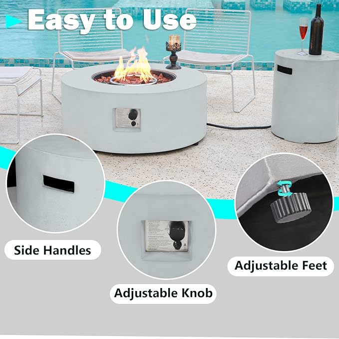 36" Round Propane Fire Pit Table,50,000 BTU Outdoor Concrete Gas Firepit with Tank Cover,Lid,Lava Rocks & Rain Cover for Patio,Deck,and Backyard