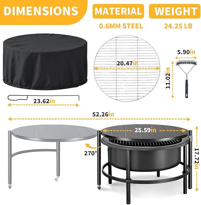52 Inch Fire Pits for Outside Wood Burning with Rotating Table, Multifunctional Fire Pit with Grill Grate, Poker & Waterproof Cover, Portable Outdoor Bonfire Pit for Camping, Patio, Backyard