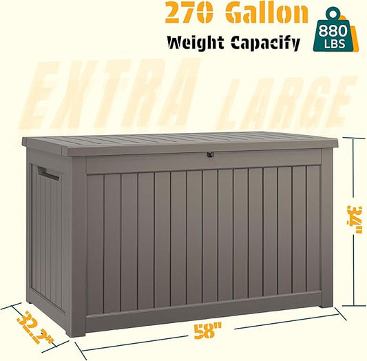 NUNU LAB 270 Gallon Large Resin Deck Box, Waterproof Outdoor Storage Box, Lockable Storage Bin for Patio Furniture, Garden Tools, Pool Accessories, UV-Resistant & All-Weather, Grey