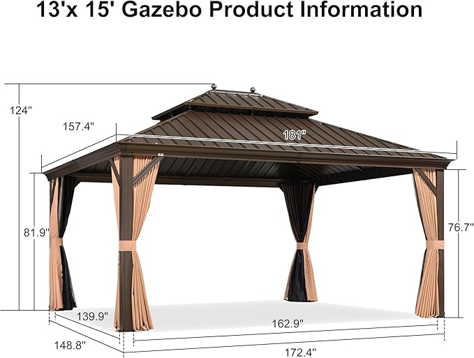 PURPLE LEAF 13' X 15' Outdoor Hardtop Gazebo Patio Wide Aluminum Frame Metal Double Roof with Heavy Duty Netting and Curtains for Permanent Hard Top Pavilion Screen, Khaki
