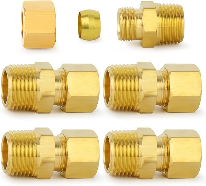 ChillWaves Brass Compression Tube Fitting, 3/8" OD x 1/2" NPT Male Compression Union Connector(5-PACK)