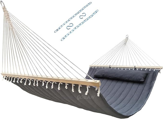 GOCAN Double Hammock with Quilted Fabric and Spreader Bars,Longer and Sturdier,Quality Hammocks for Outdoor Indoor Patio Yard